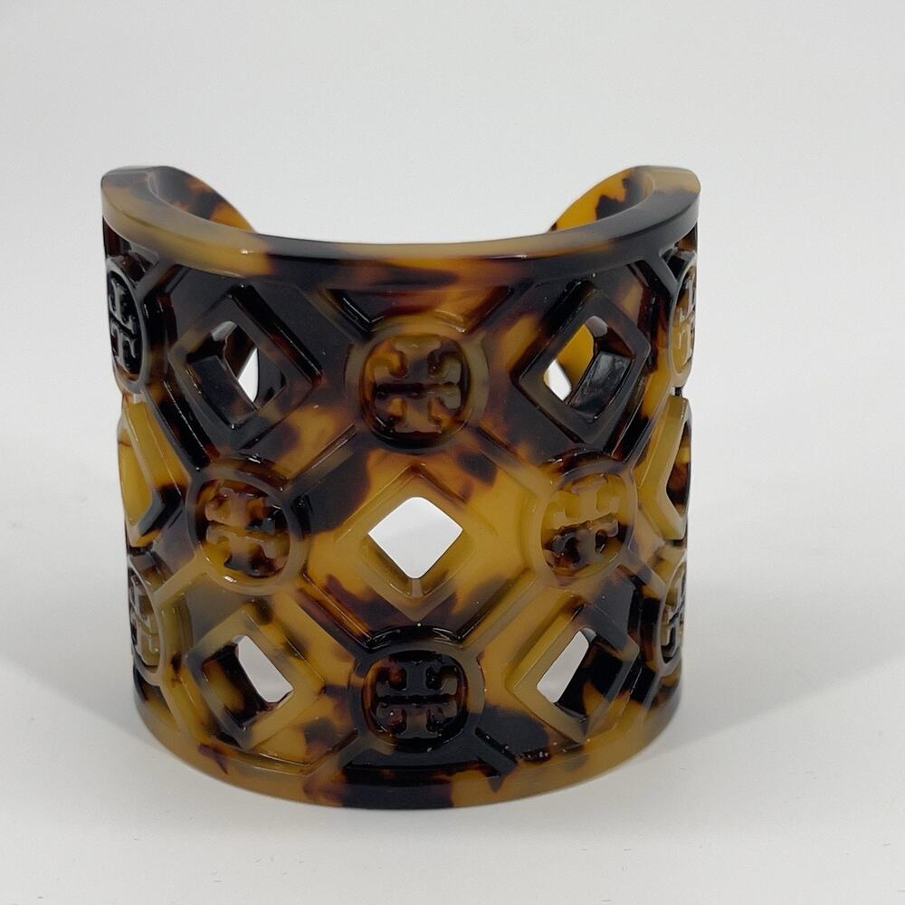 Tory Burch Logo Tortoise Resin Wide Cuff Bracelet Brown Amber Cutout Statement